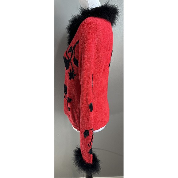 Berek Red Button Sweater Sz M Black Floral Beaded Faux Fur Collar/cuffs VTG 90's - Picture 2 of 8